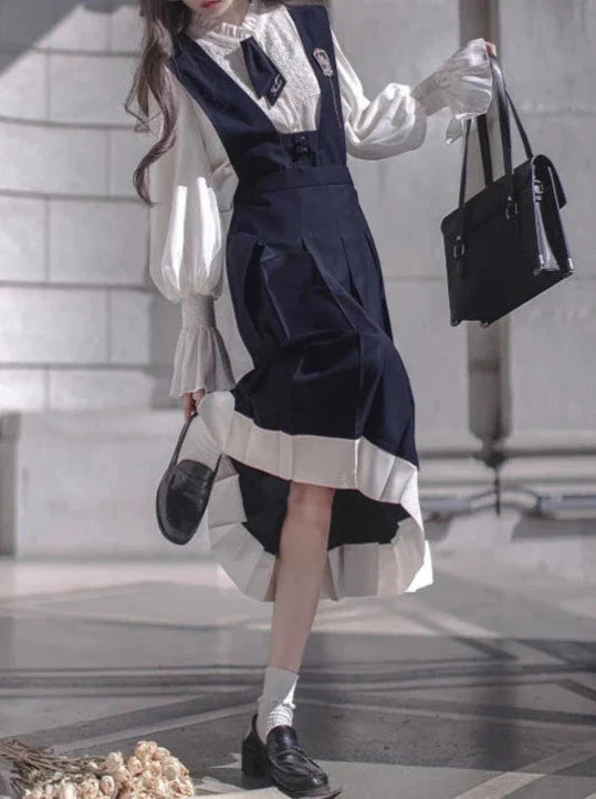 Dress Emblem + Tie + Blouse + Ruffle Retro College Beret Cyan Style Elegant Chiffon