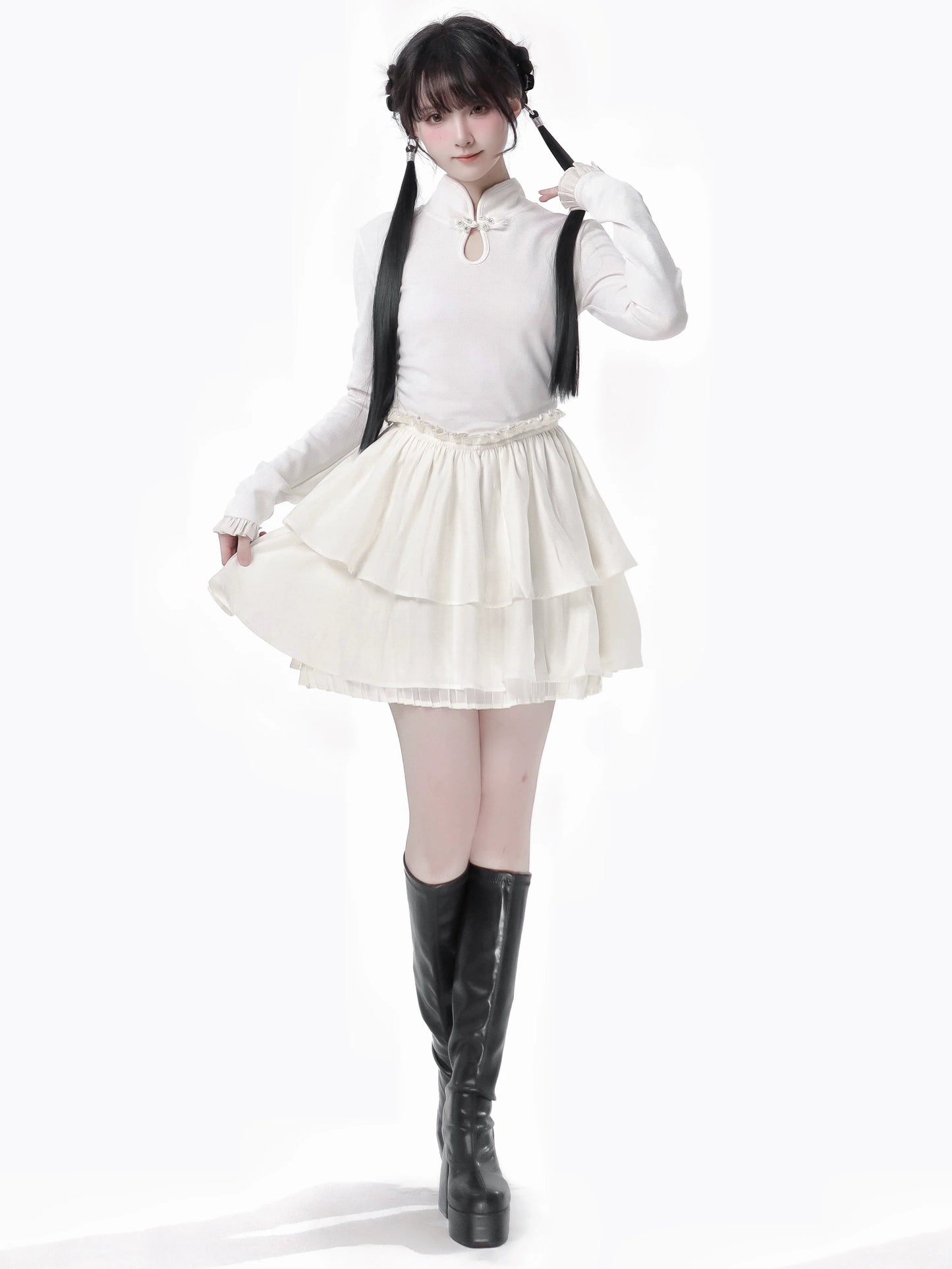 チャイナホイト ブラックニット スプリングウエスト フリル トゥルドレス