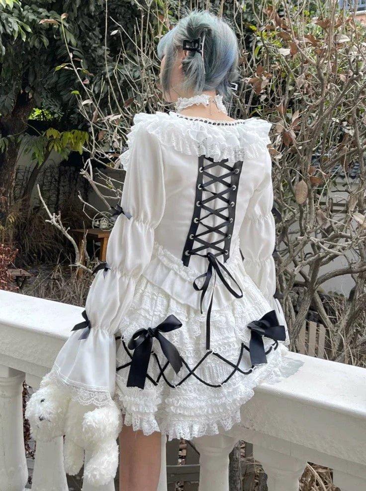 Haut à manches bouffantes style rétro français en dentelle à la taille
