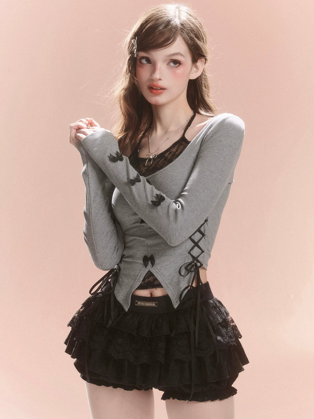 Lace-Up Slit Side Ribbon Top
