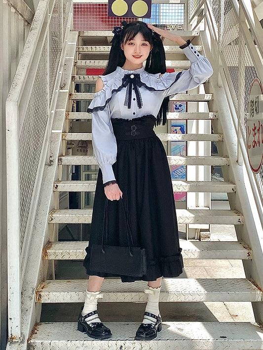 Blouse + Flared Shoulder Skirt Open Waist High