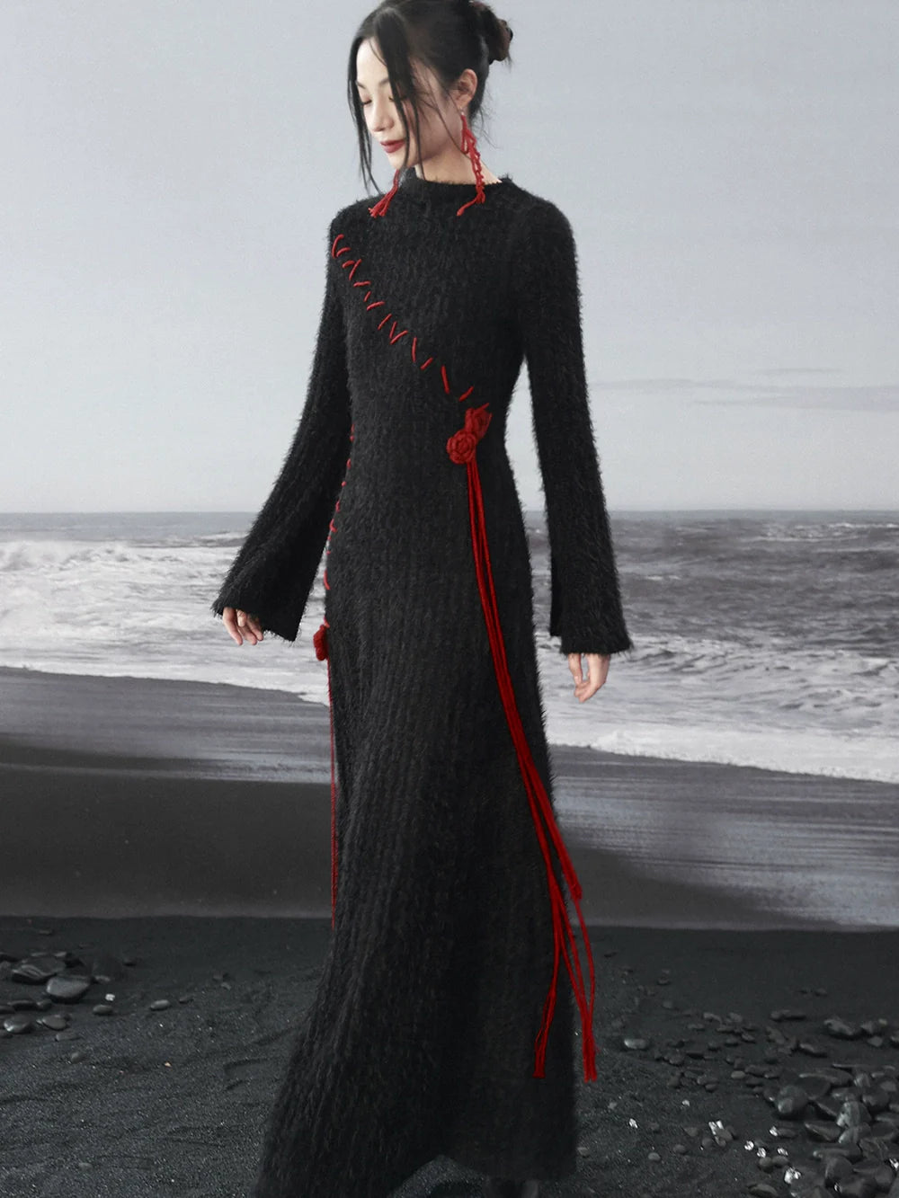 Contrast Dress Rose Irregular Red Knit Sleeve Dark Black Bell