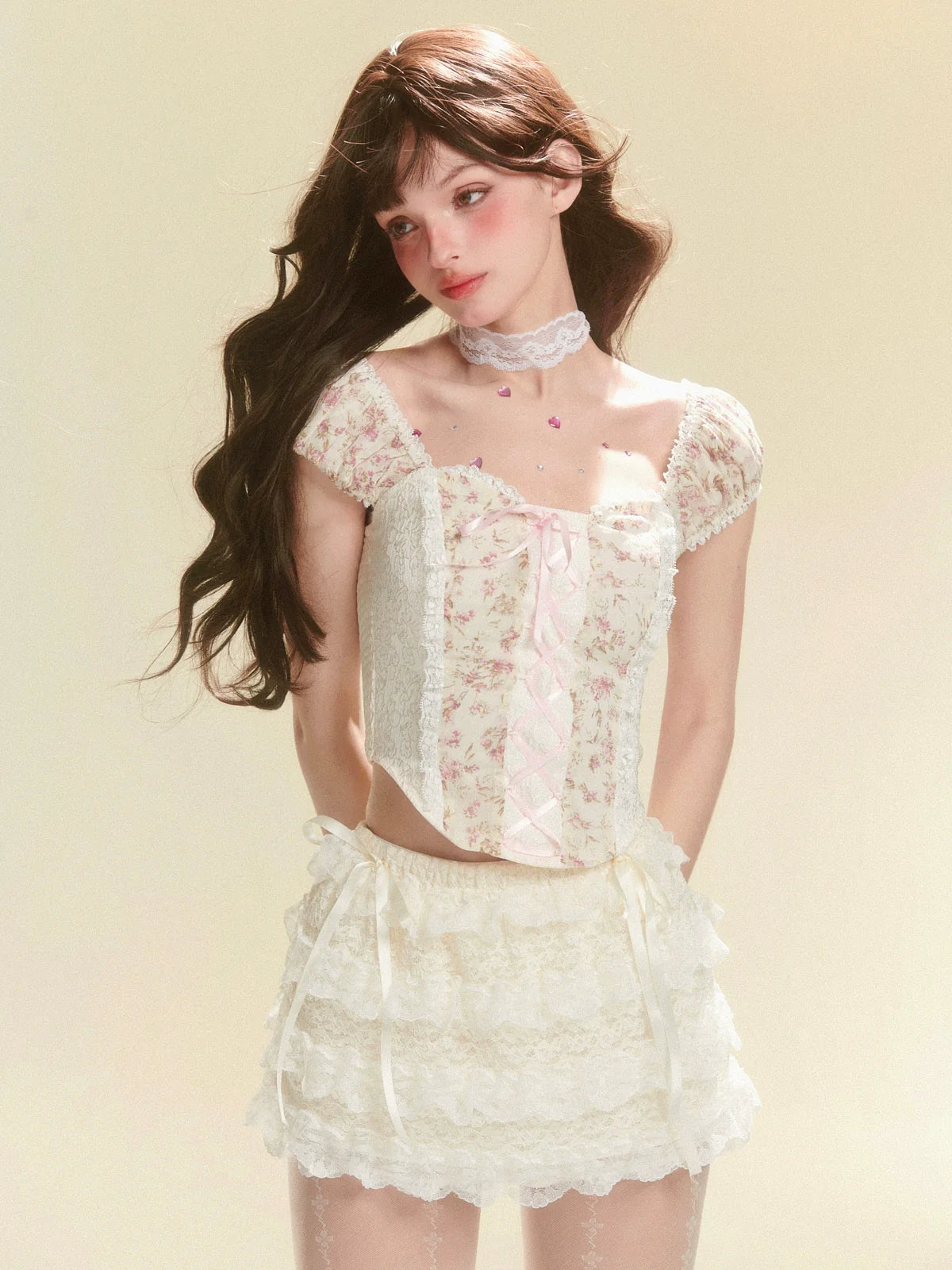 Open Neck Flower Lace-up Top