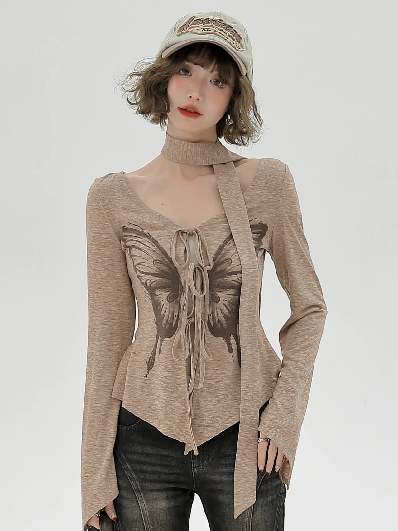 Print Top Butterfly American Slim Retro Irregular
