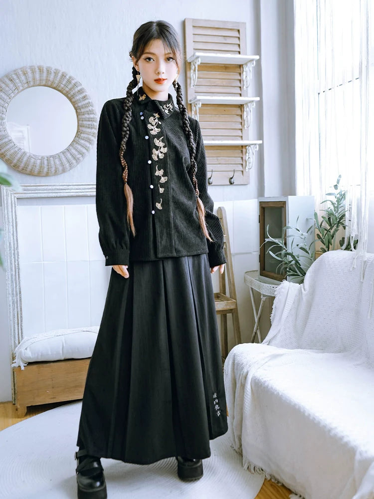 刺繍ベルベットブラックプリーツスカート