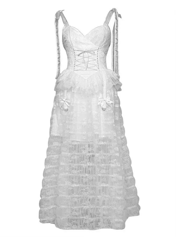 Mesh Schlafen Pentagramm Gothic Spitze Hosenträger Weiß Alice Dunkles Kleid