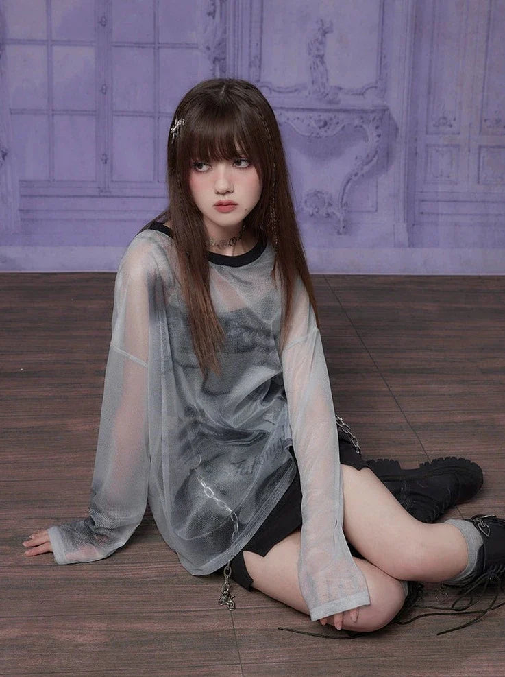 Sheer Print Gray Top Mode Mesh