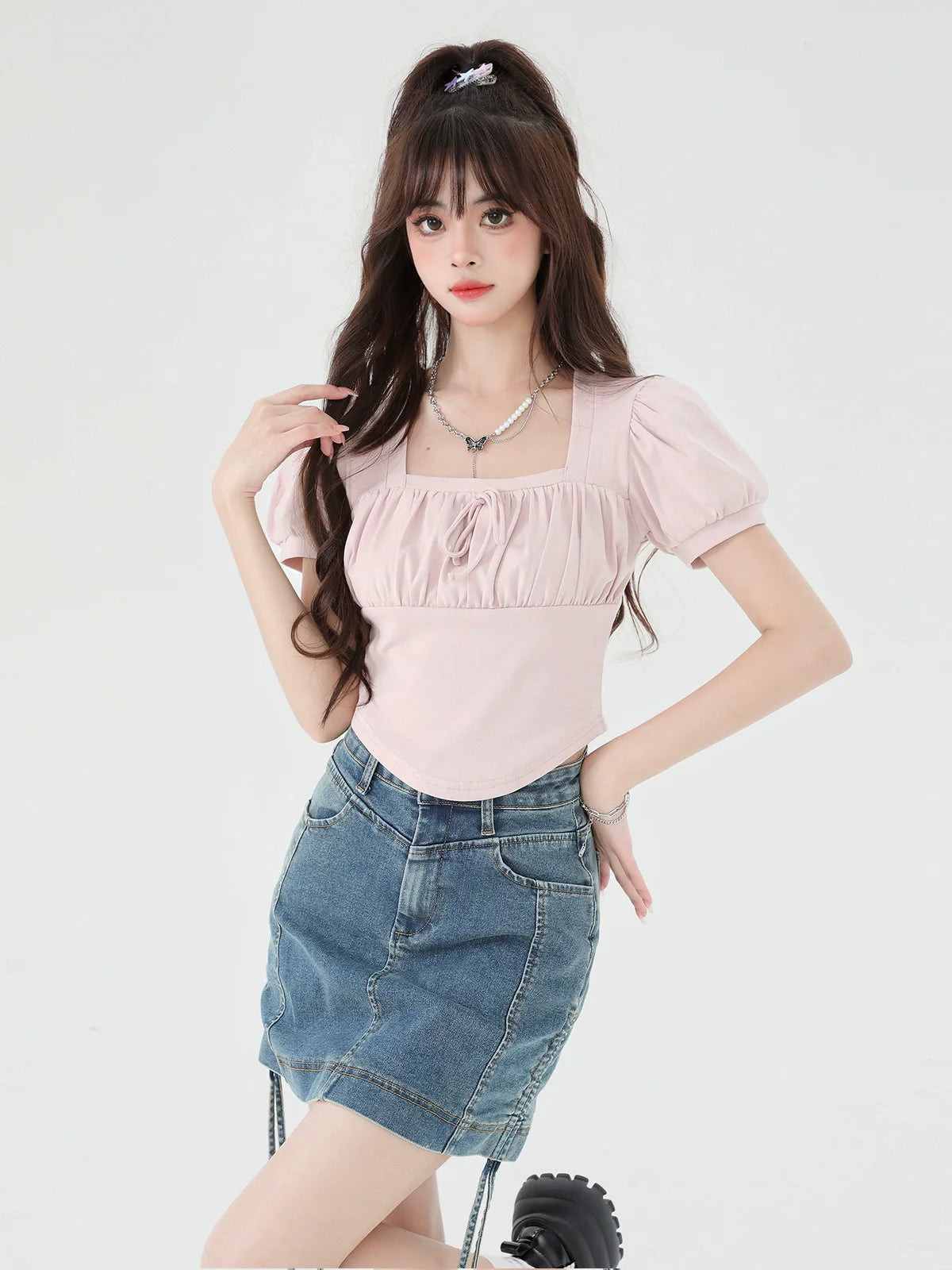 Neck Puff Square Short Top Sleeve
