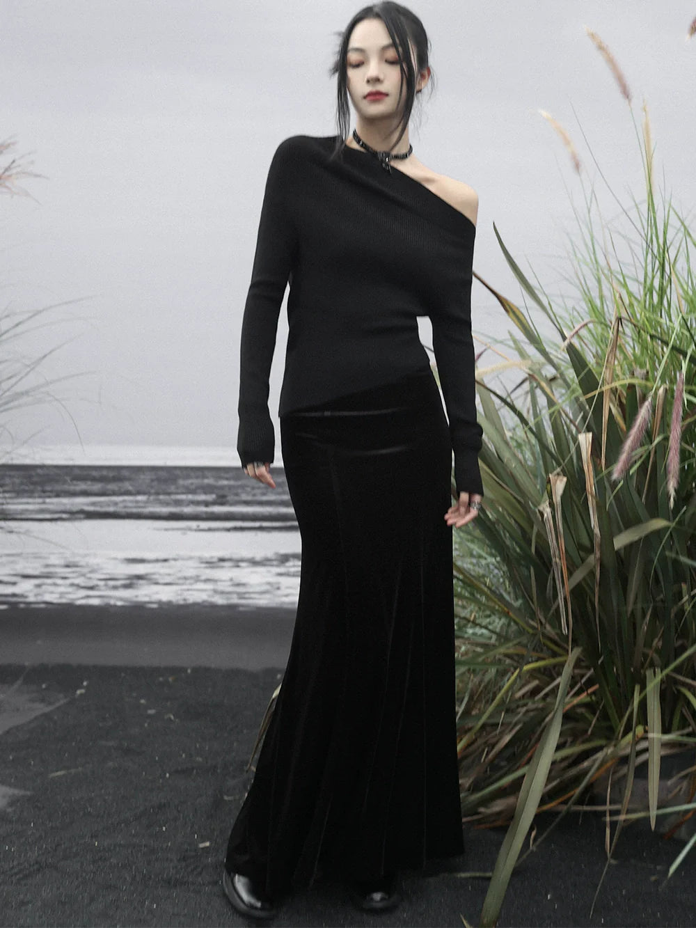 High Mermaid Velvet Black Waist Skirt Retro Back Long Up Lace