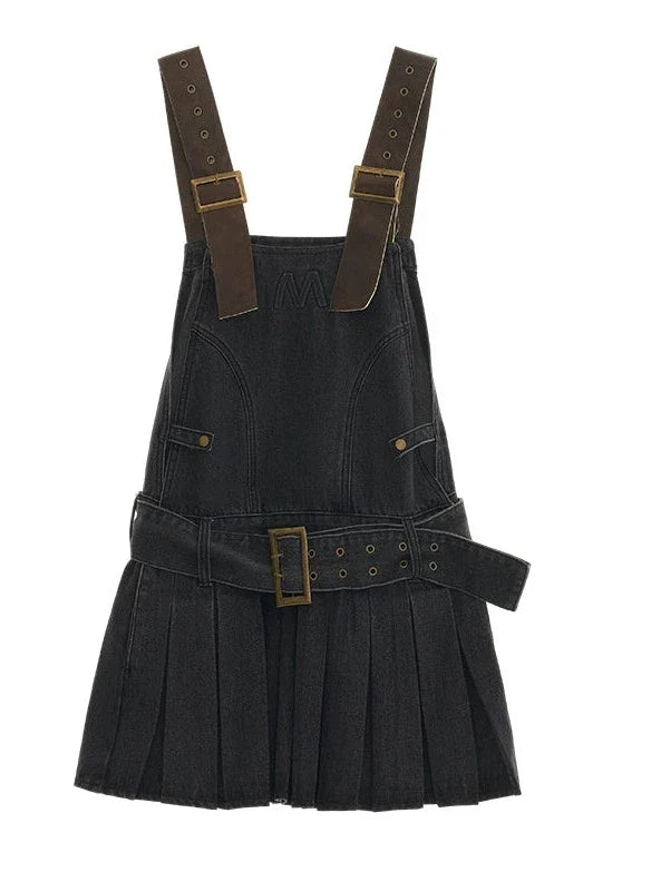 Leather Belted Logo Pleated Denim Suspender Skirt