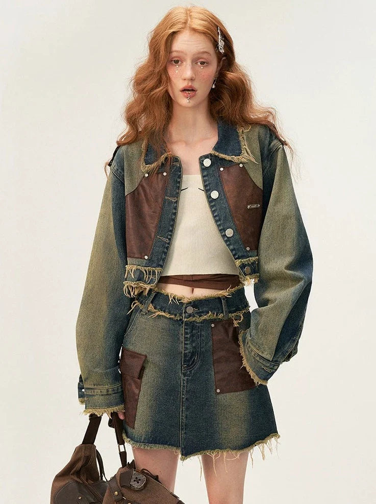 Veste en jean Osh Denim + Jupe Patchwork Cuir Court Rétro
