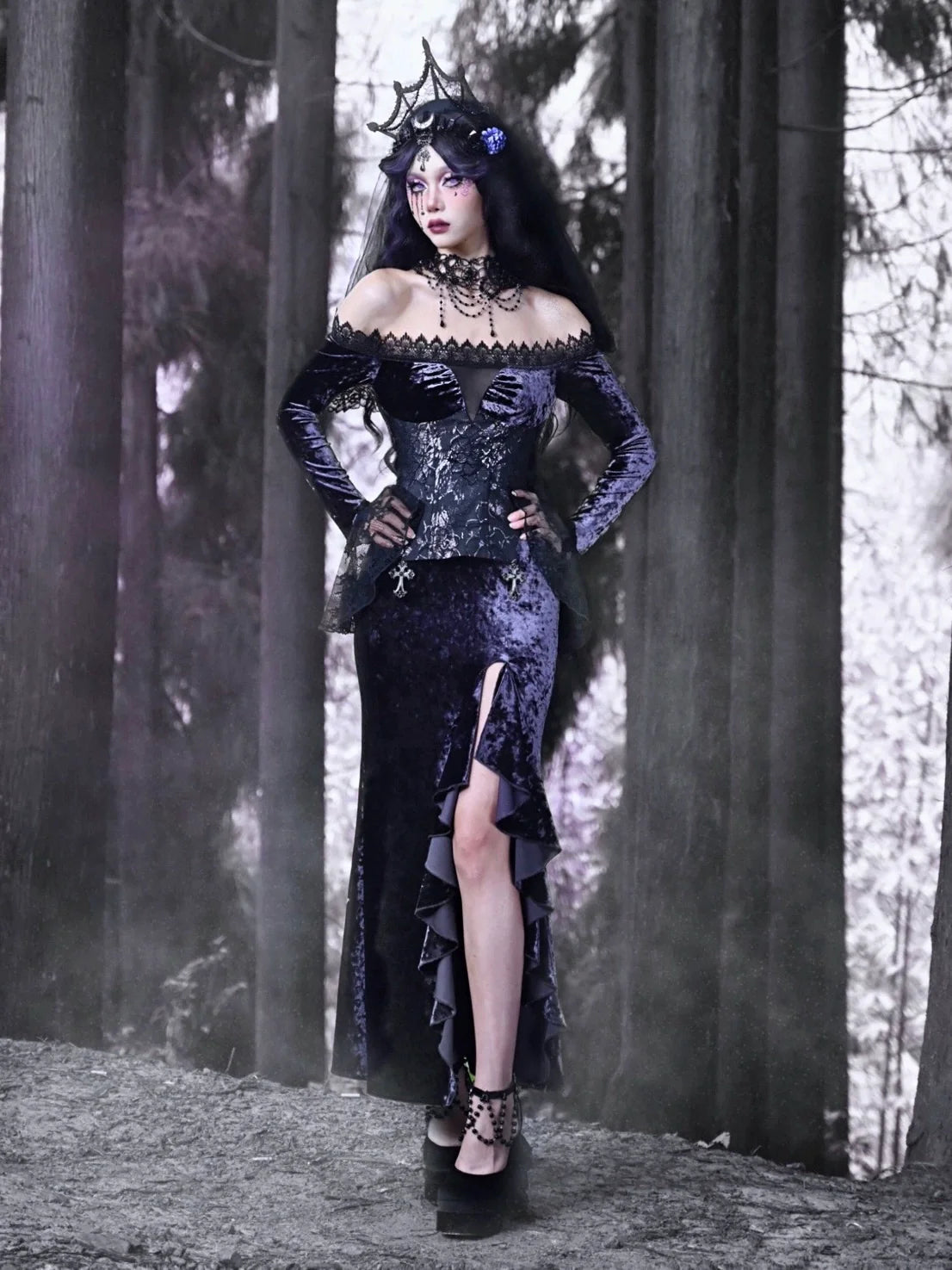Mermaid Dress Slit One-Shoulder Slim Gothic Luna Velvet