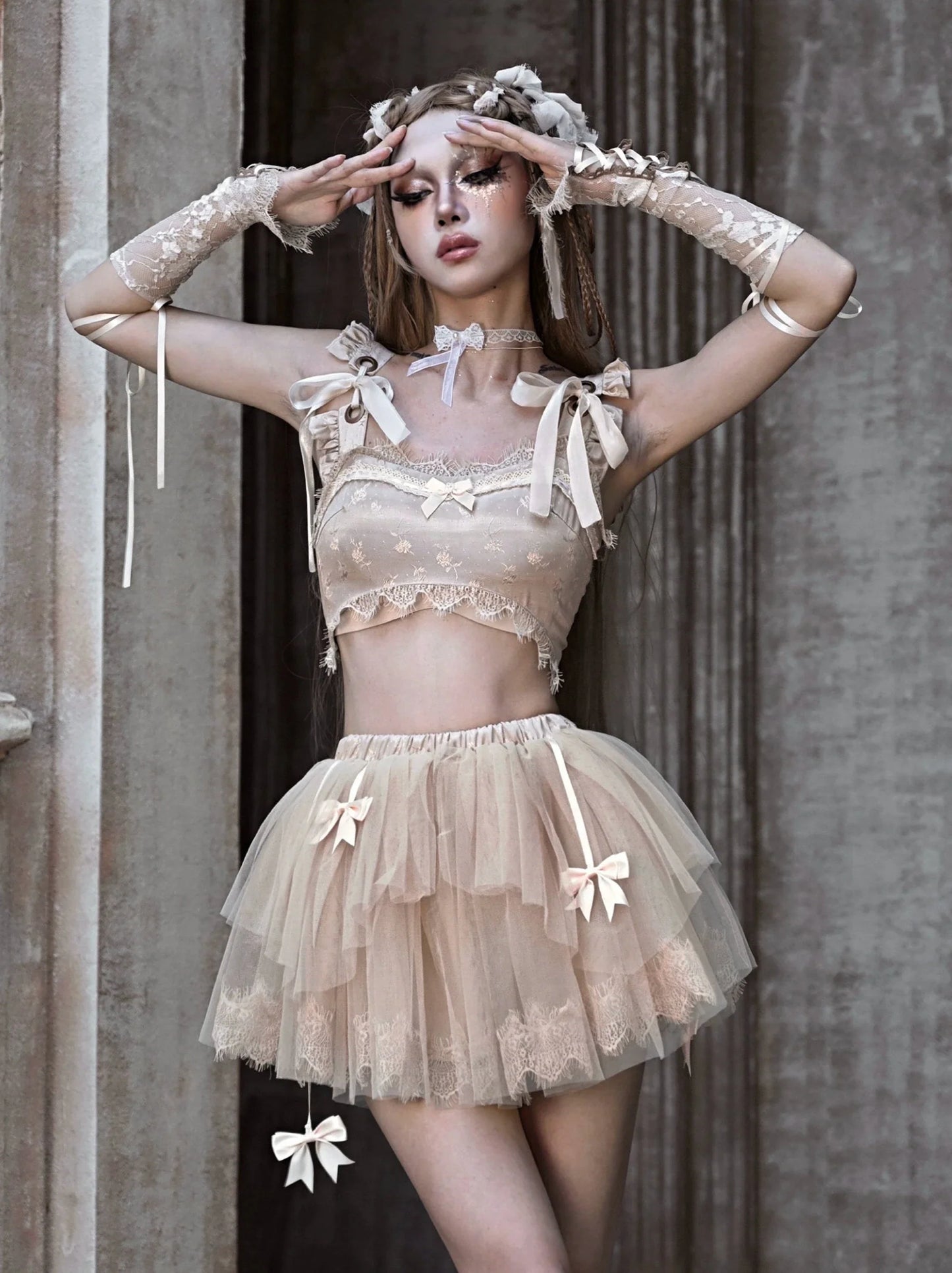 Gilet court en dentelle et ruban français cassé, style ballet ultra