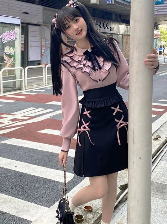Ruffle Skirt Colored Blouse + Lace-up Girly