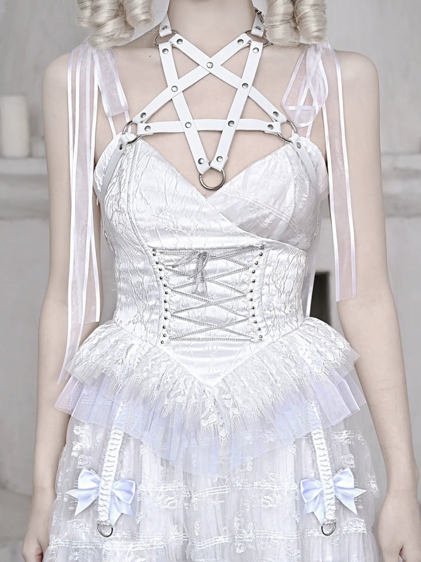 Mesh Schlafen Pentagramm Gothic Spitze Hosenträger Weiß Alice Dunkles Kleid