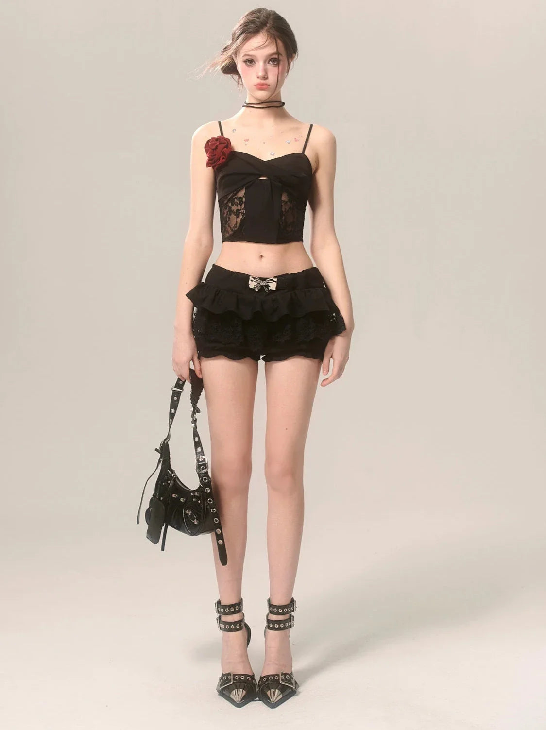 Rose French Short Top Lace Black Suspender