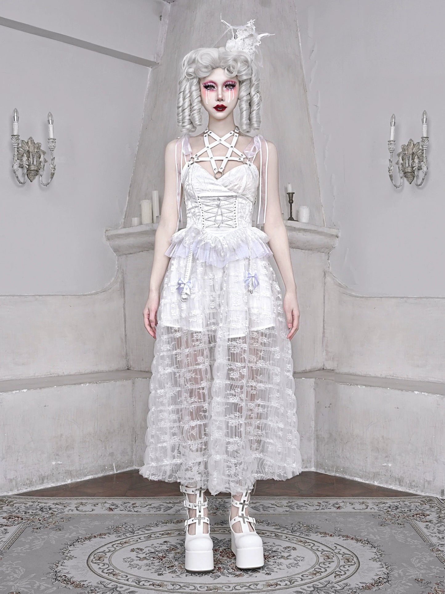 Mesh Schlafen Pentagramm Gothic Spitze Hosenträger Weiß Alice Dunkles Kleid