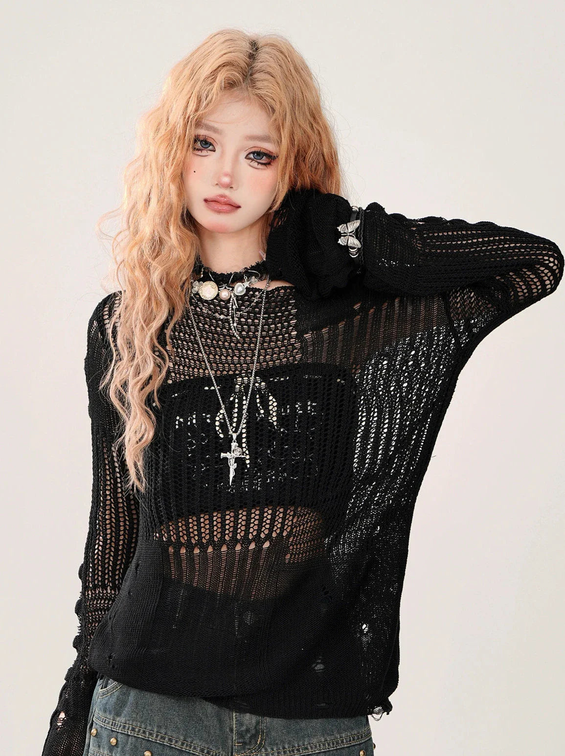 Summer Knit + Tube Top Openwork Sheer Ripped