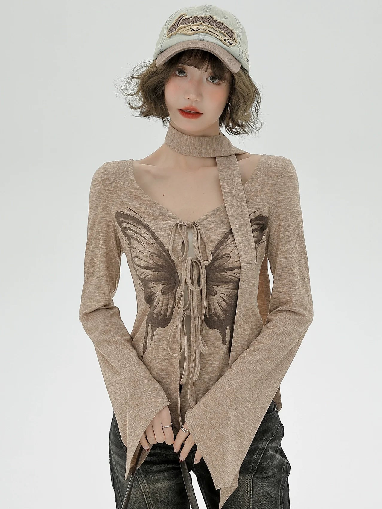 Print Top Butterfly American Slim Retro Irregular