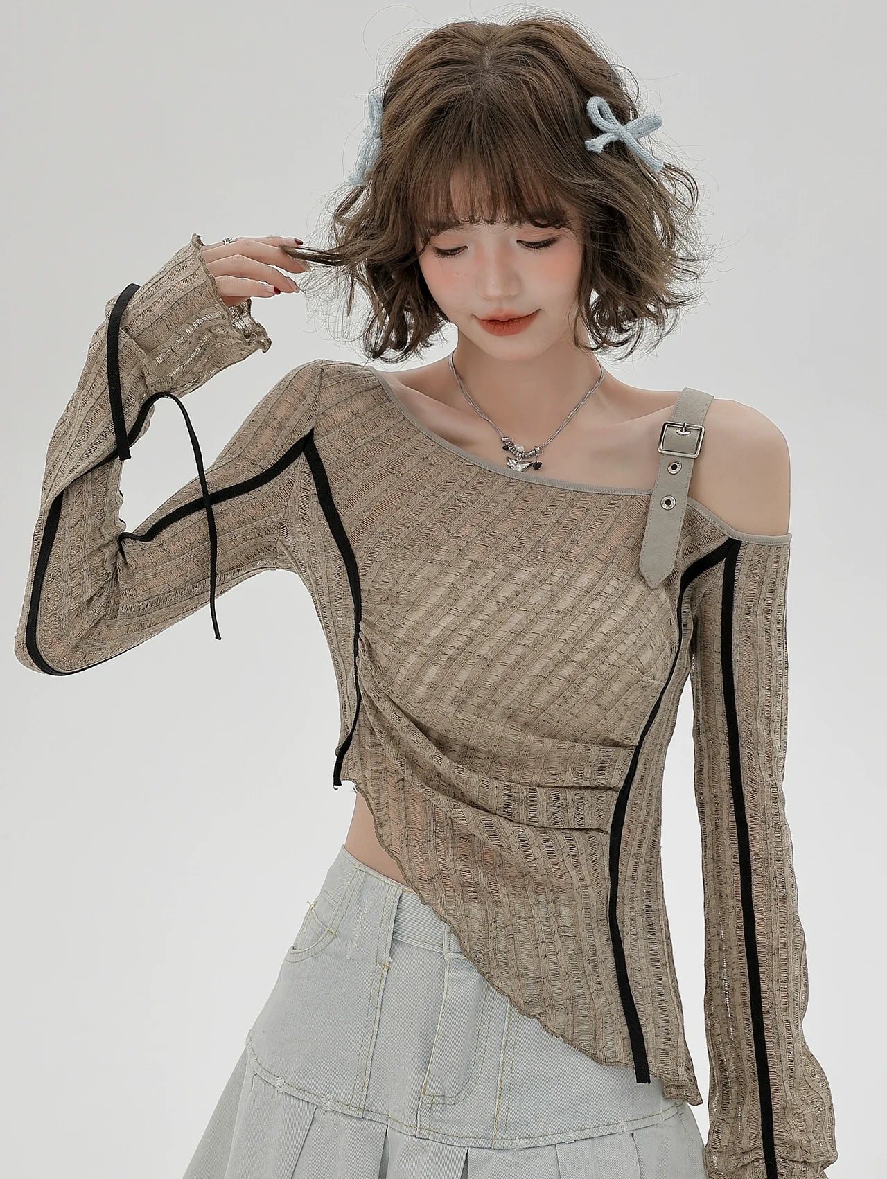 Irregular One-shoulder Top Sheer Slim American
