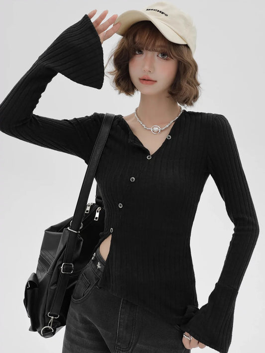 Vボタンウエストスリムシャツボトルネック斜め