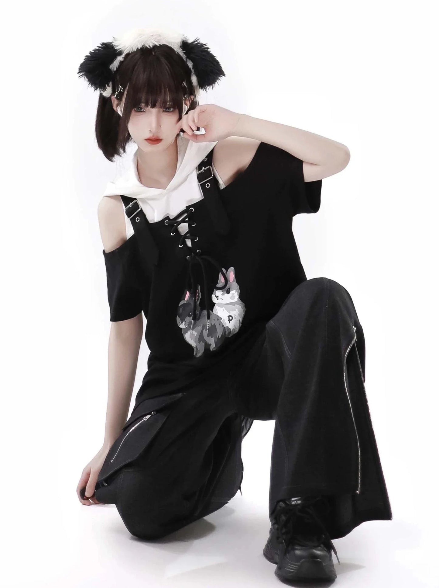 Sommer Design Träger Hosen Kaninchen Off-Shoulder Schwarz Weiß Hoodie Tops Anzug