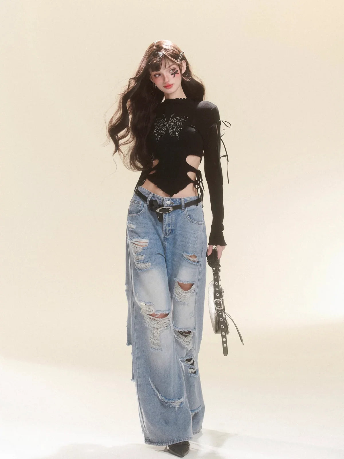 Tops Dark Design Butterfly Slim Waist