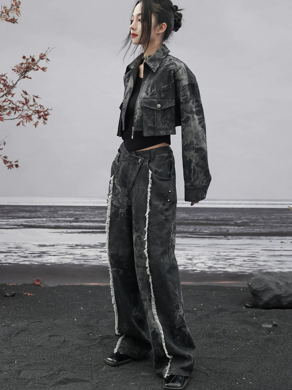 Dunkles Design Denim Lose Fransen Breite Cut-Taille