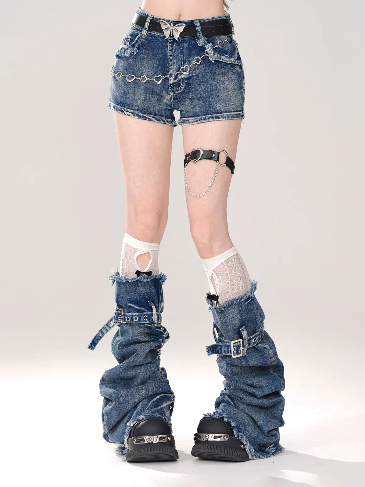 Leg Gray-and-blue + Denim Shorts A-line warmers