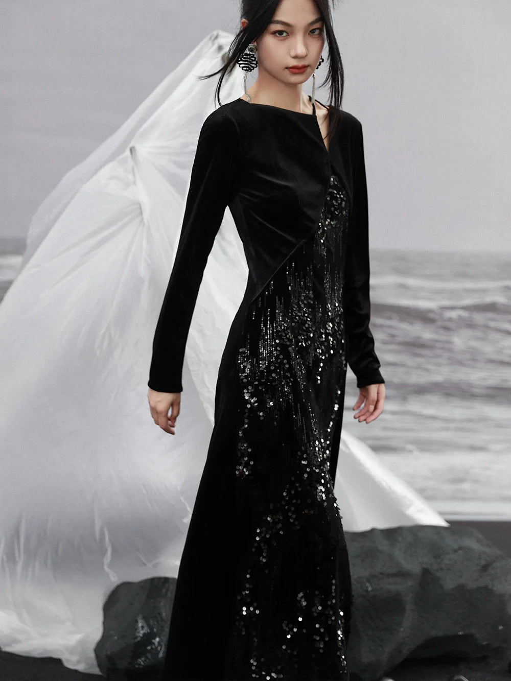 Dress Niche Slit Glitter Design Velvet