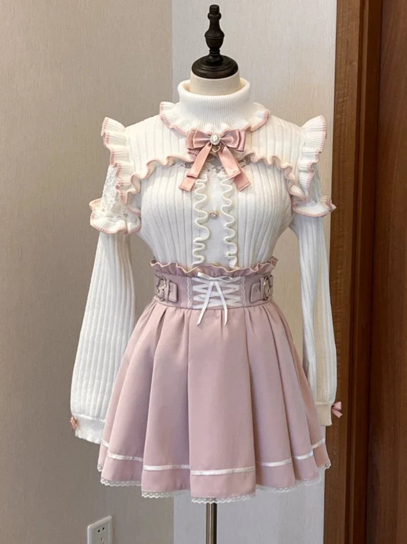 Turtle Neck Lace Frill Ribbon Knit + Nigh Waist Race Up Skirt