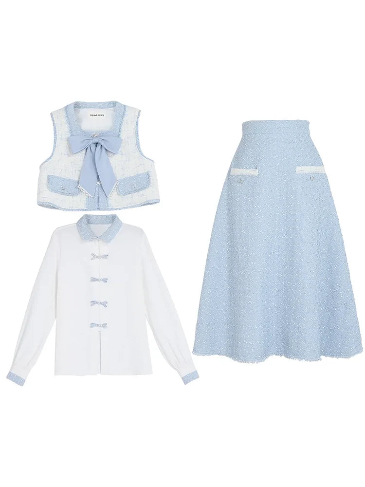 Jupe à ruban Gilet en tweed Parfum de tweed Chemise de costume bleue