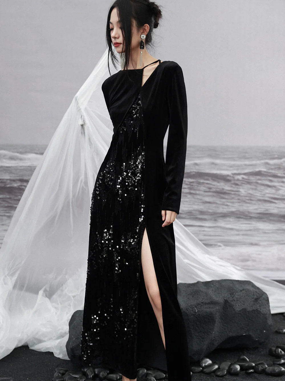 Dress Niche Slit Glitter Design Velvet