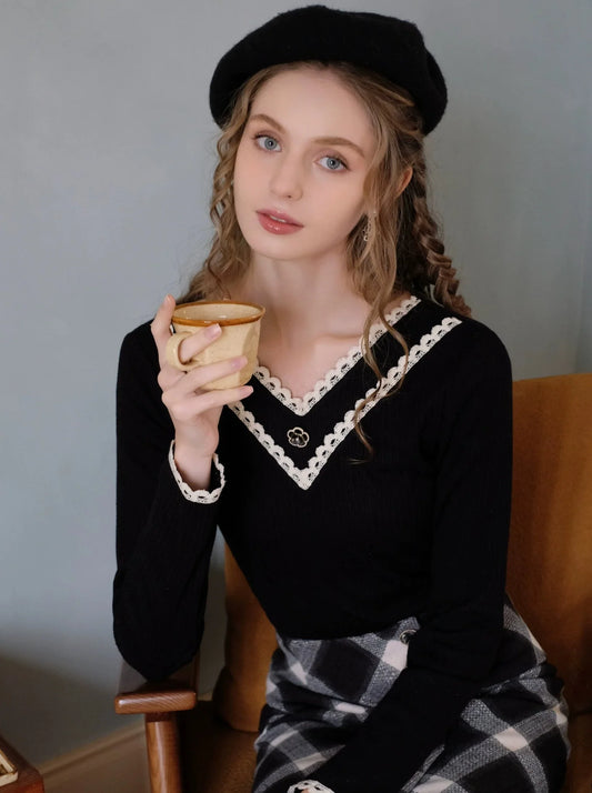 Retro French Top V-Neck Lace