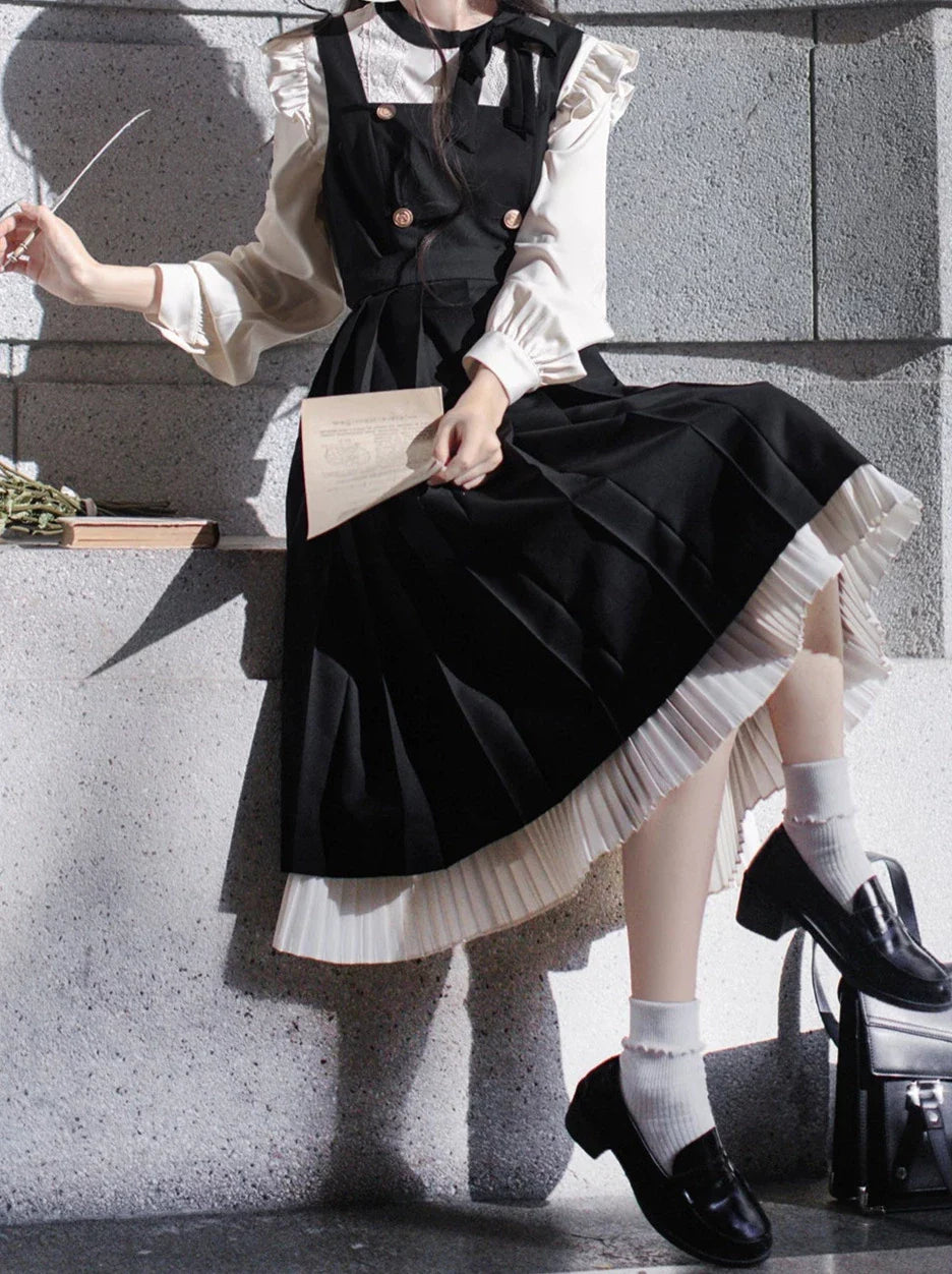 Pleated Ruffle Ribbon College Dress Shirt Accessories Retro Suspender + Elegant Layered Shoulder + Lace