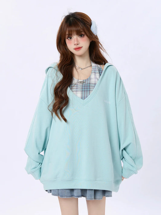 チェックツートップのゆったりフード付きワンピース