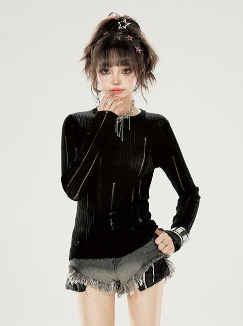 Slim Neck Ground Rippin Knit Irregular Top Summer