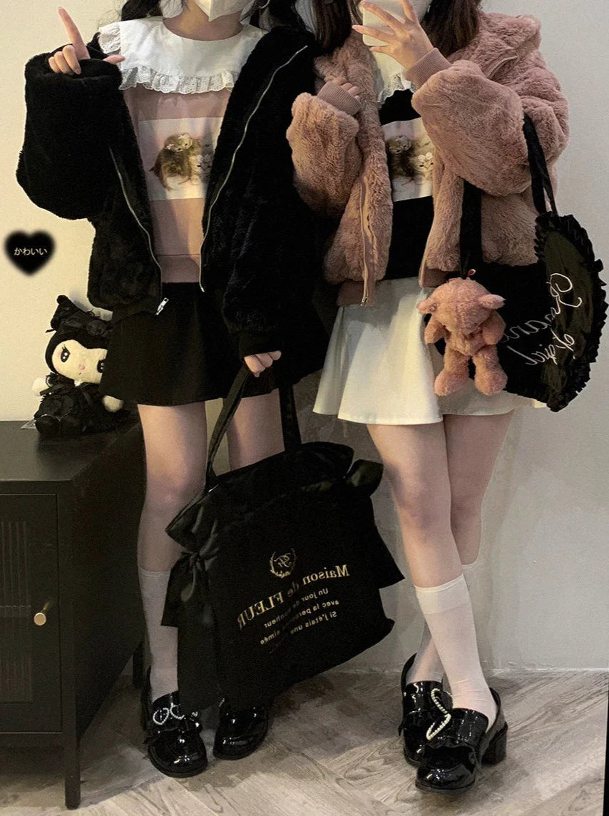 レーススクエアカラーキャットプリントトレーナー