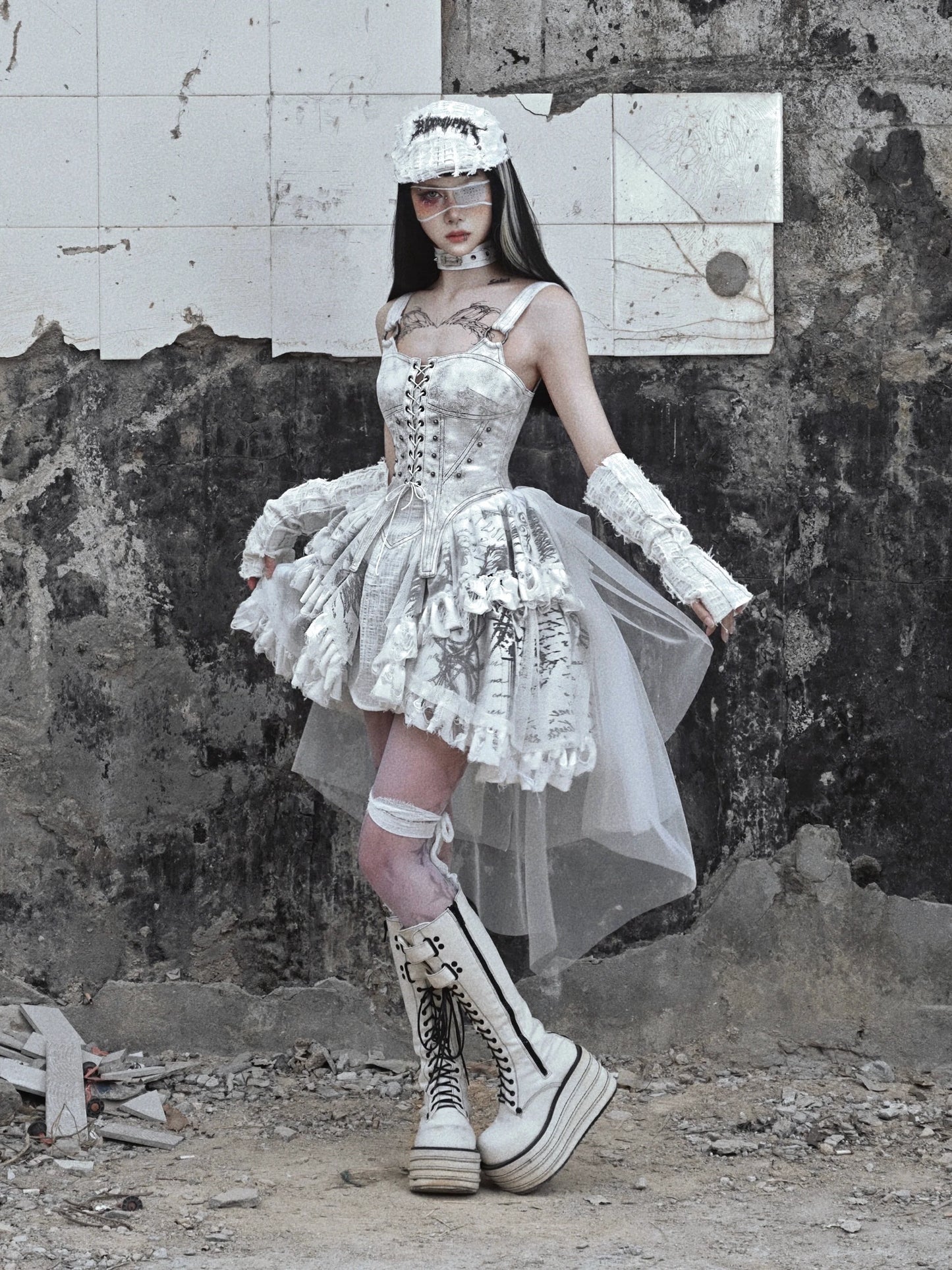 Dress White Lace-up Camisole Gothic