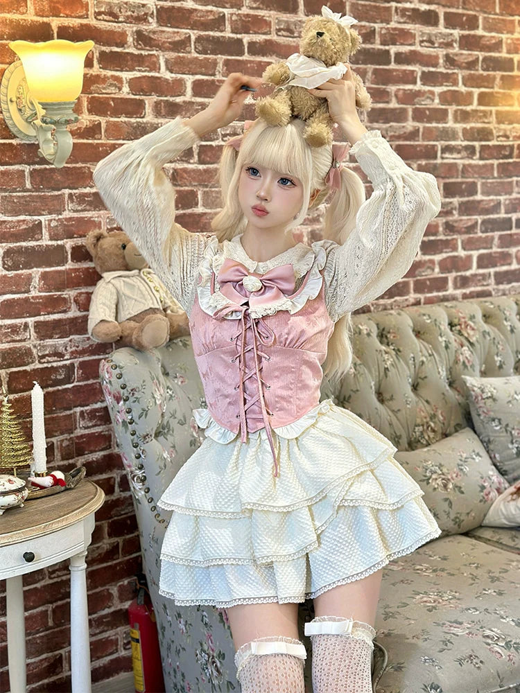 Gilet Fleur + Chemise Princesse + Jupe Gâteau Rose Fille