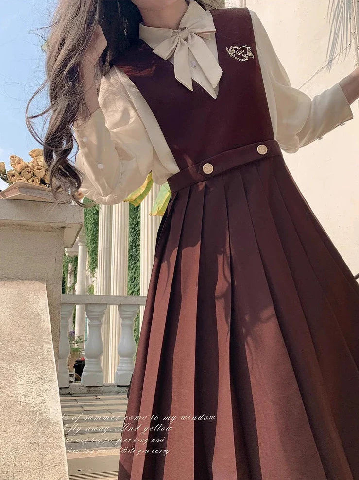 Jupe en mousseline de soie, style ruban, accessoires intérieurs, col en V, chemise crème, gilet d'université
