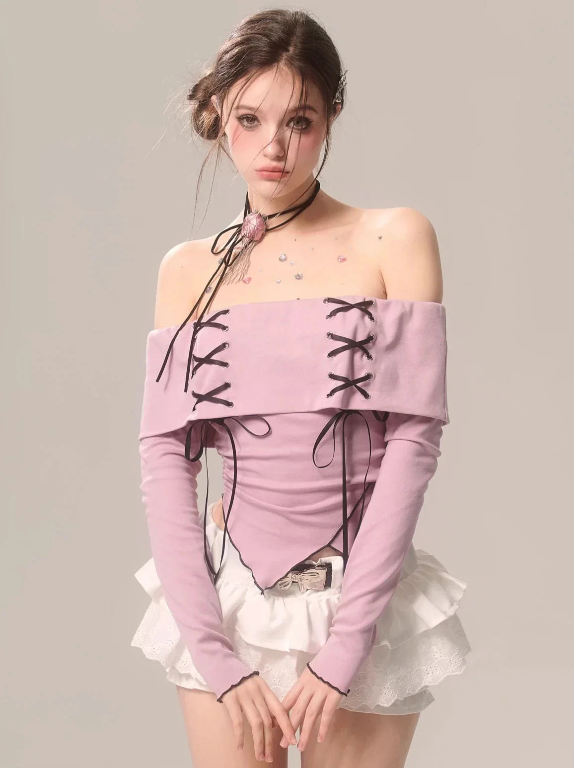 Strap Top Ribbon Off-the-shoulder Ruffle High-end