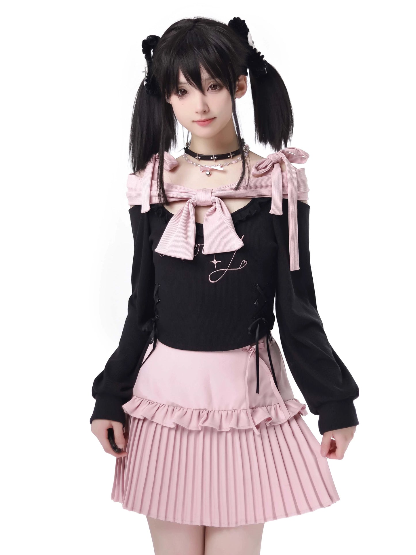 Knit Pink Ribbon + Straps Black Off-Shoulder Top