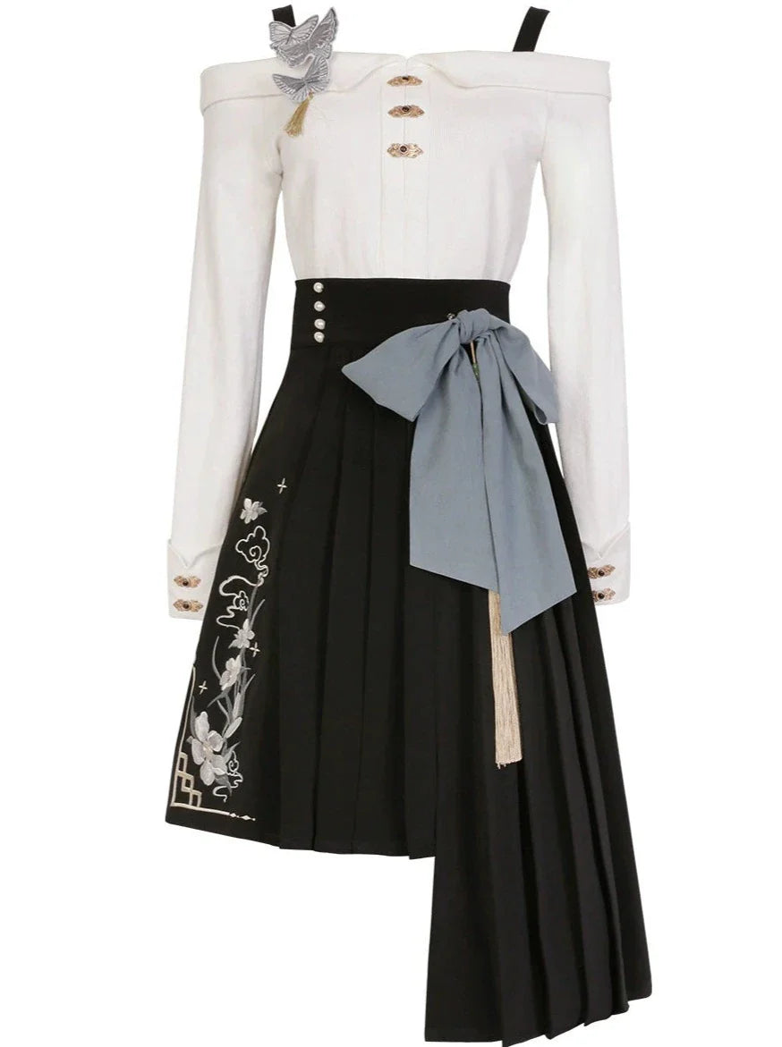 Top Buckle Waist Asymmetrical Skirt + Big Bow Off-Shoulder China High