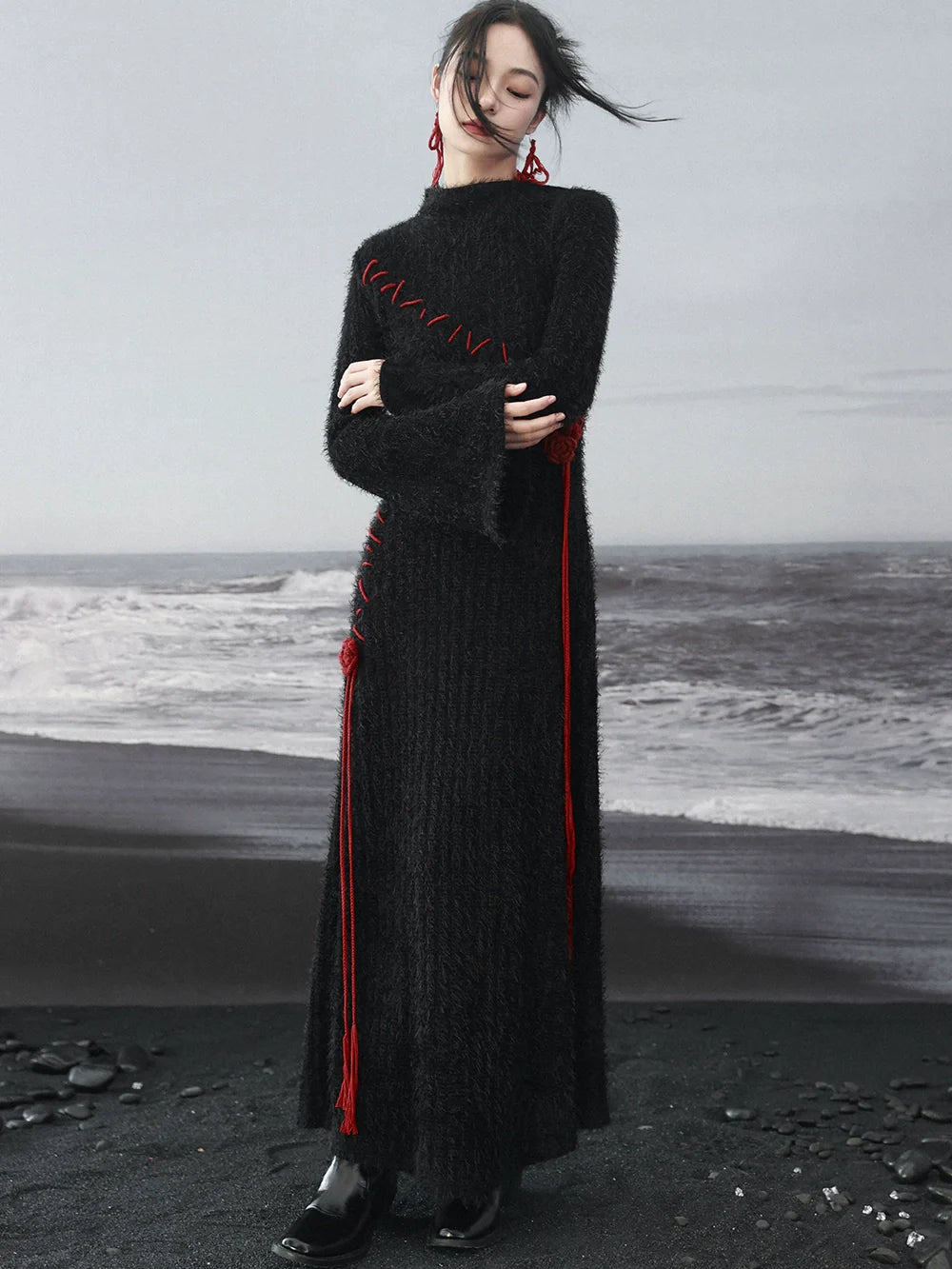 Contrast Dress Rose Irregular Red Knit Sleeve Dark Black Bell