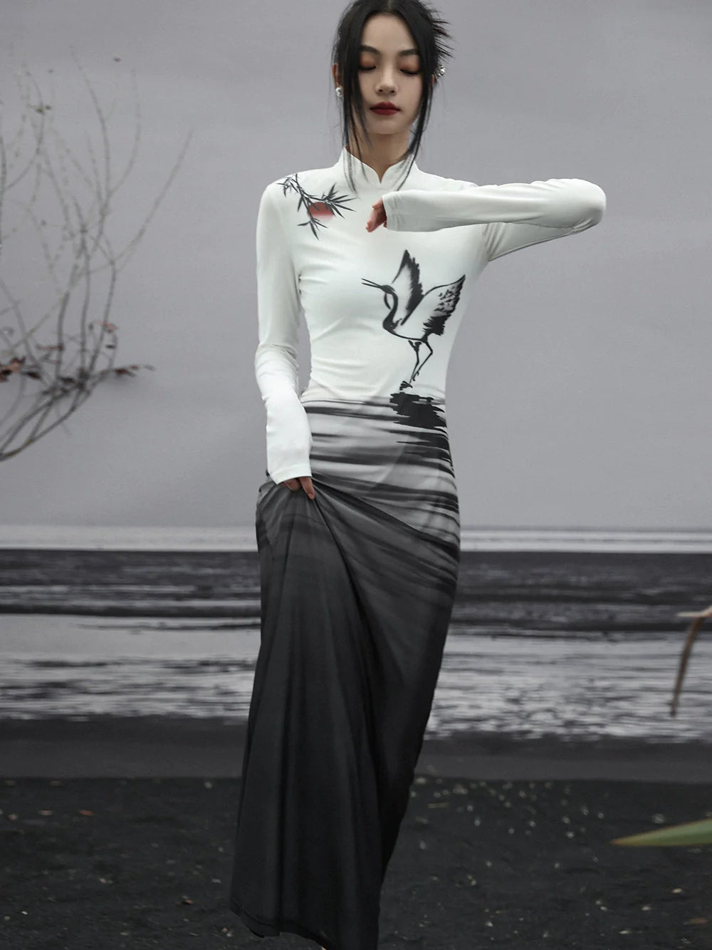 Long Dress Painting Knit Slim China Print Ink