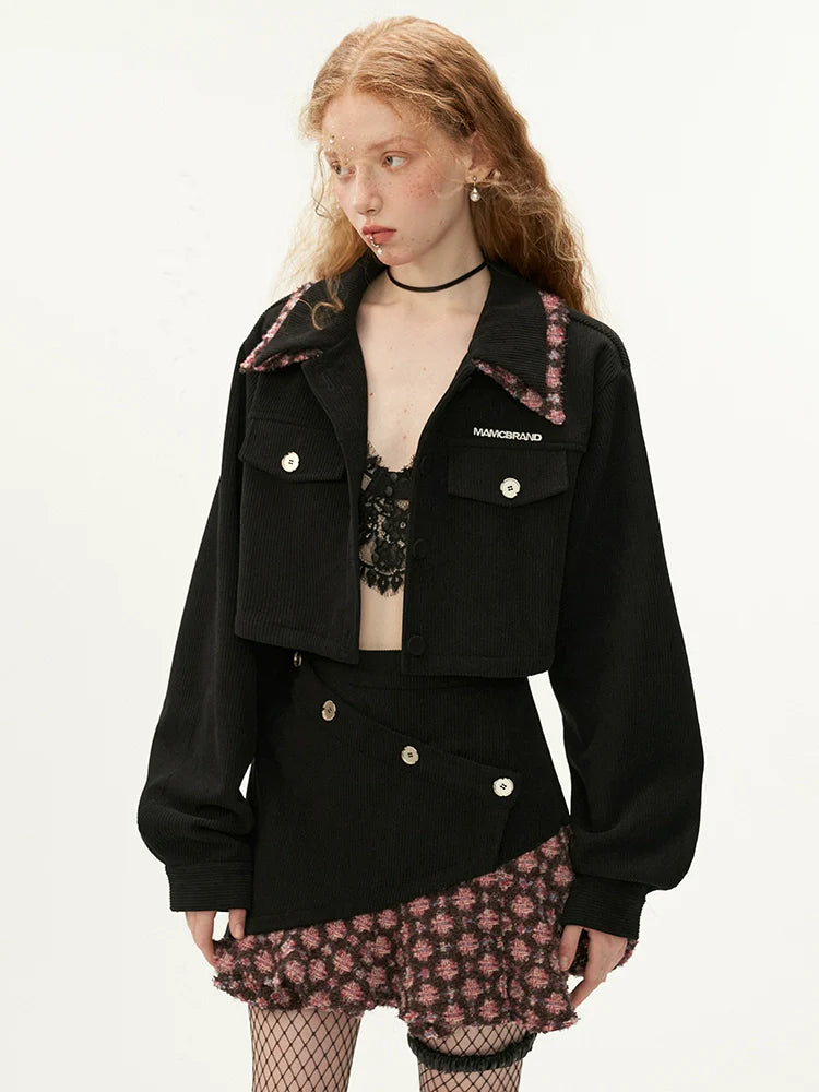 Jupe courte asymétrique fleurie + veste fleurie à col