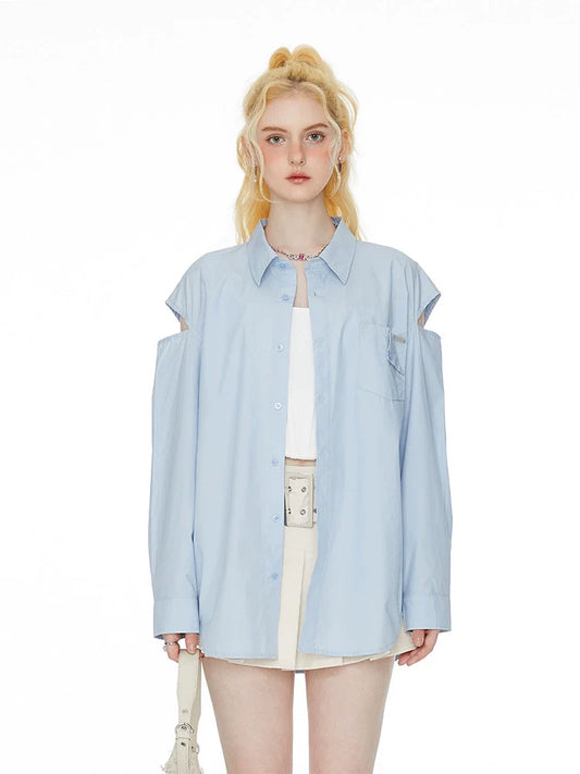 Ice Long Slit Blue Shoulder Shirt