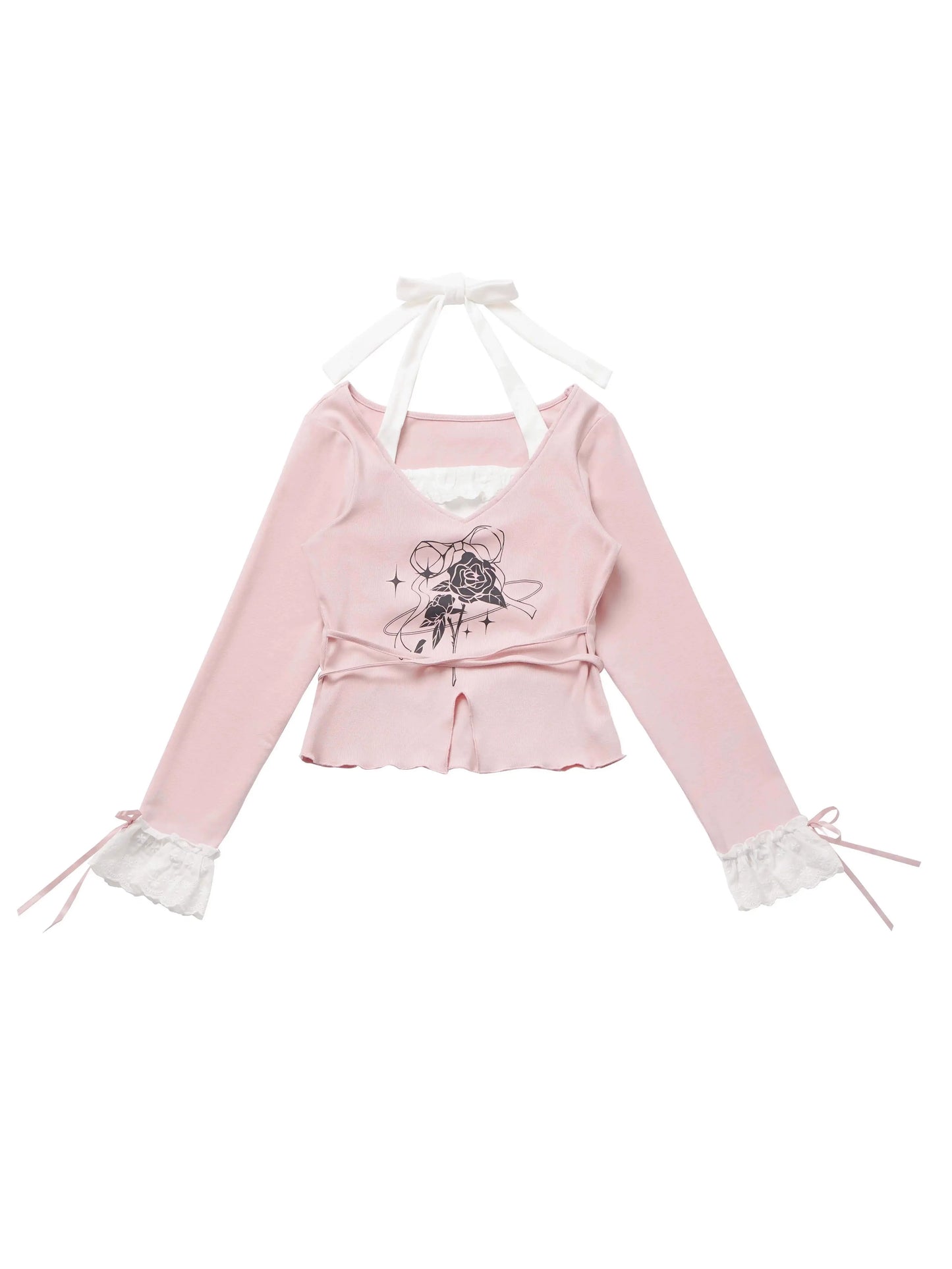 Ensemble haut en dentelle blanc et jupe fleurie rose