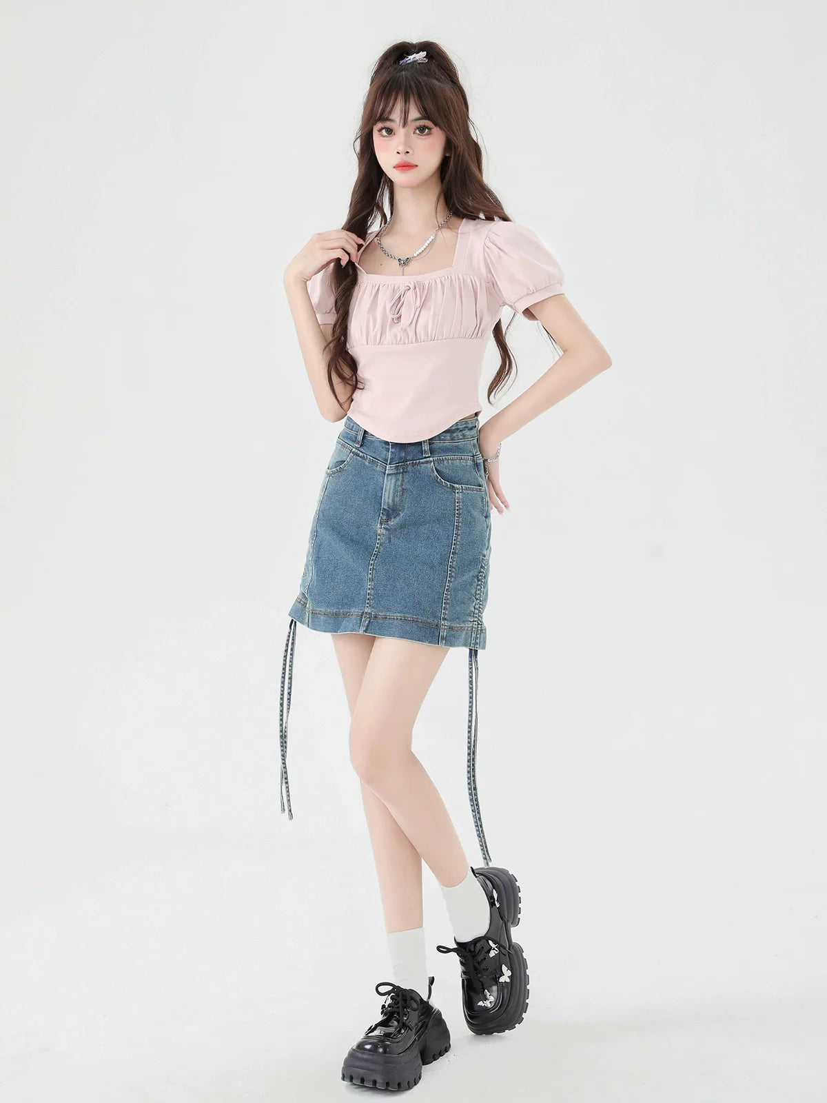 Neck Puff Square Short Top Sleeve